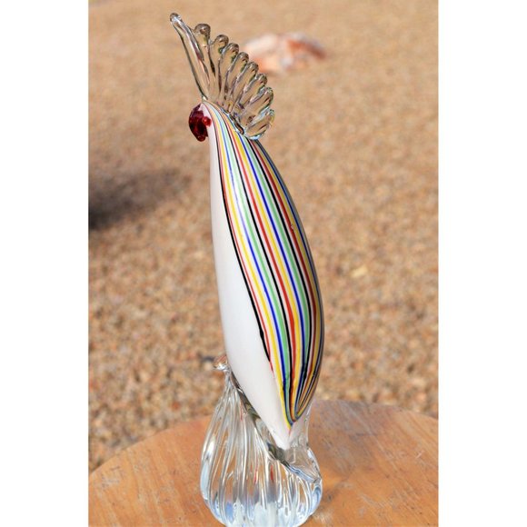 12" glass parrot white body ribbed clear pedestal. - Picture 7 of 7